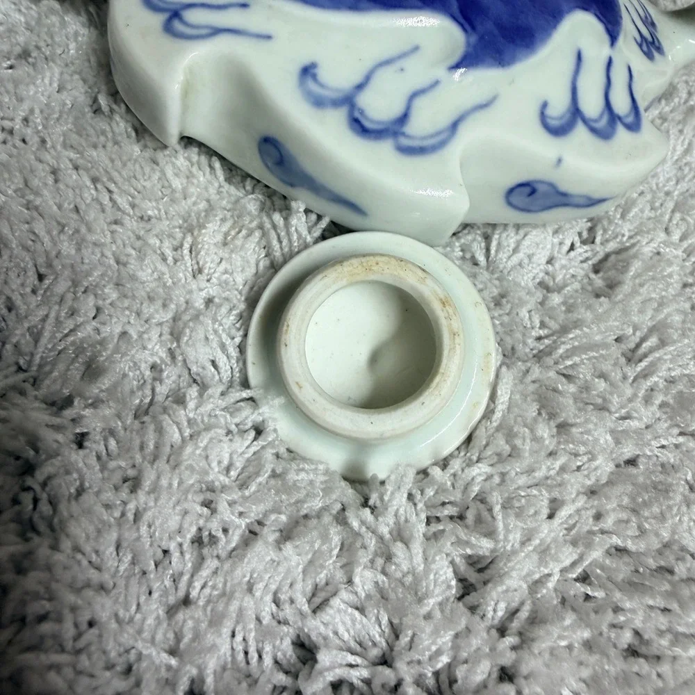Vtg Blue and White‎ Porcelain Flat Scalloped Teapot Wave Cloud Pattern Seal Mark